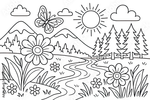 Peaceful Nature Scene Line Drawing