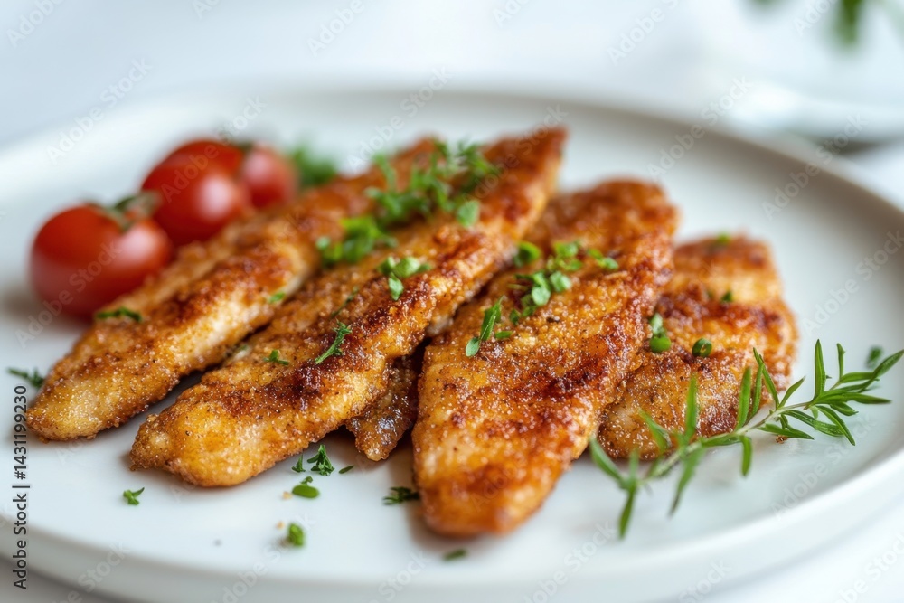 Crispy Fried Chicken Strips with Fresh Tomatoes and Herbs Served on White Plate in Bright Studio Light Delicious Meal Crispy Fried Chicken Strips with Fresh Tomatoes and Herbs Served on White Plate in Bright Studio Light Delicious Meal