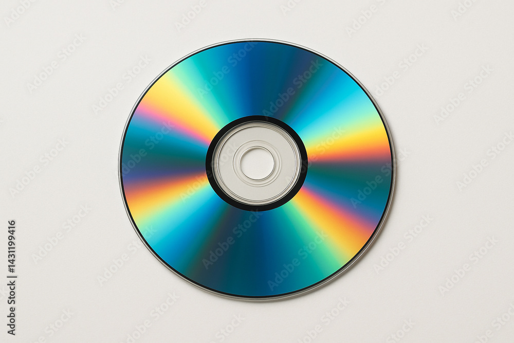 A shiny compact disc (CD) lying on a white surface, catching rainbow reflections under soft studio lighting A shiny compact disc (CD) lying on a white surface, catching rainbow reflections under soft studio lighting
