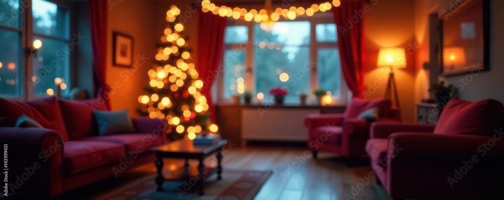 Blurred festive room, bokeh lights, copy space, space, warm, gift Blurred festive room, bokeh lights, copy space, space, warm, gift