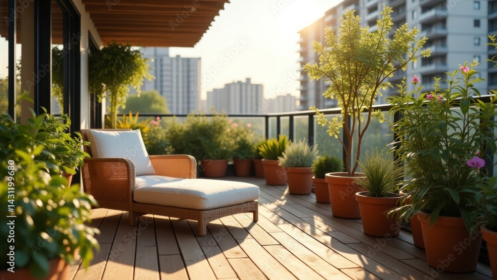 A serene balcony scene featuring a comfortable chair surrounded by lush potted plants creating a peaceful green oasis for relaxation A serene balcony scene featuring a comfortable chair surrounded by lush potted plants creating a peaceful green oasis for relaxation