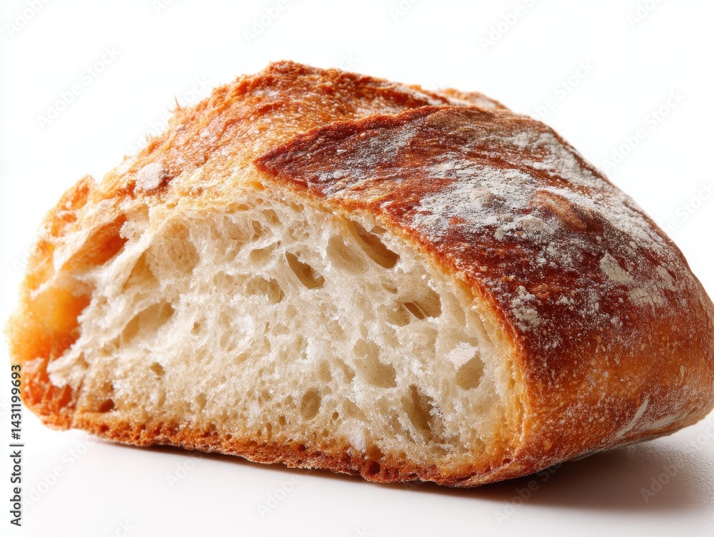 Close up of crusty artisan bread loaf with flour dusting against a white background studio shot food photography Close up of crusty artisan bread loaf with flour dusting against a white background studio shot food photography