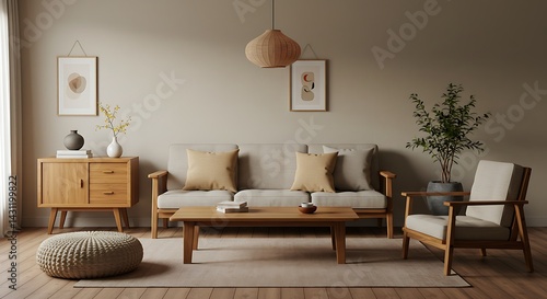 Living Room with Sofa, Chair and Wooden Furniture