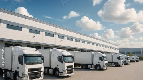 A fleet of delivery trucks stand in line at a large warehouse, ready to deliver their goods. The trucks are sleek, modern and white.