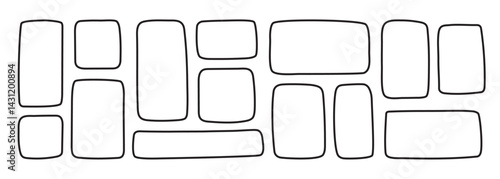 Set of hand-drawn simple white textbox frames with black outlines. Freehand rectangles, squares, irregular shapes in doodle style.