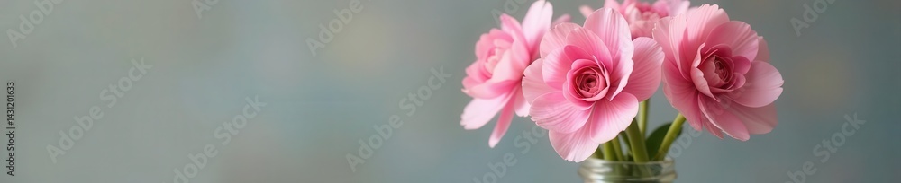 Obraz premium Delicate pink ranunculus blooms in a clear glass bottle vase , event, beautiful