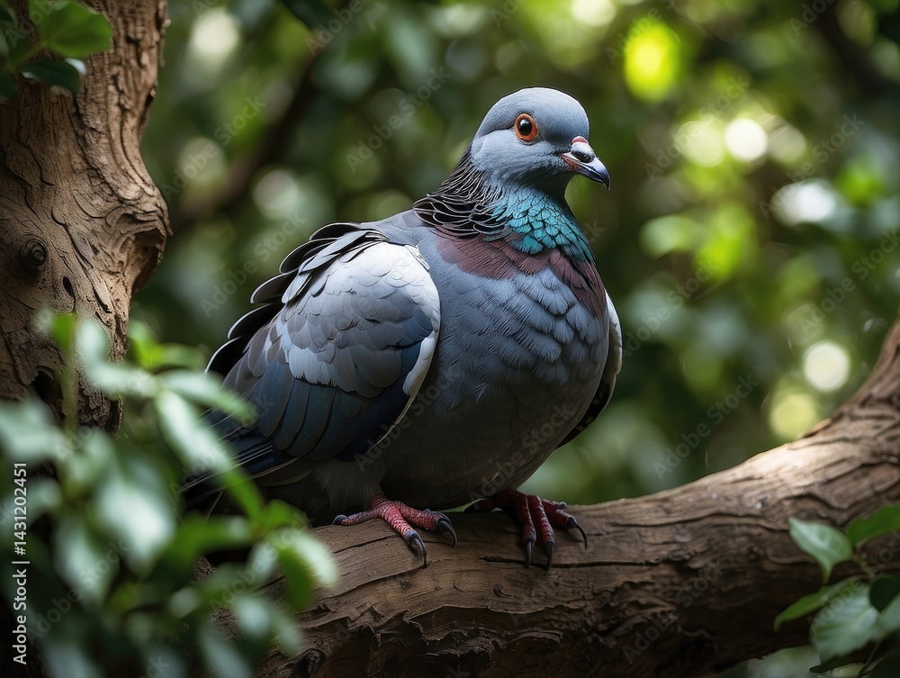 Fototapeta premium A Forest Pigeon Seeks Shelter in the Cool Shade on a Hot Day