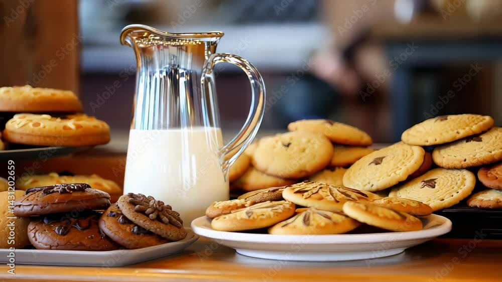 Variety of chocolate chip, sugar, and dark cookies arranged on plates around a clear glass milk pitcher atop rustic table, concept of sweet indulgence and cozy gathering