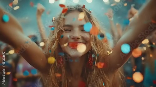 Joyful woman at a concert, confetti