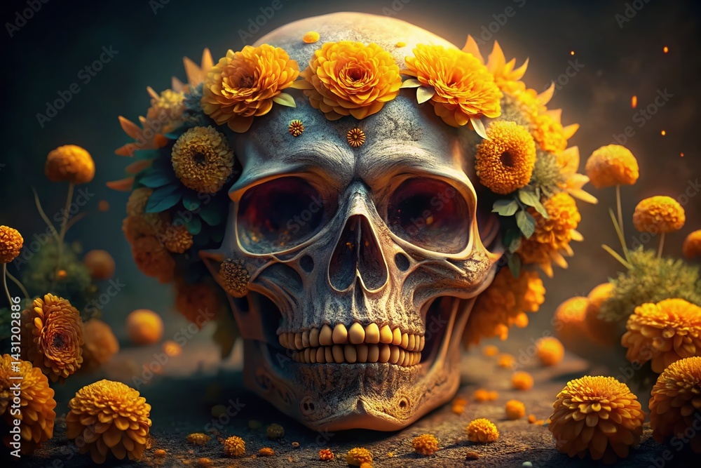 Day of the Dead Skull with Marigold Flowers - Stock Photo Day of the Dead Skull with Marigold Flowers - Stock Photo