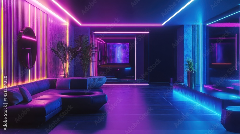 Fototapeta premium Modern hotel room with vibrant neon lights and city view at dusk