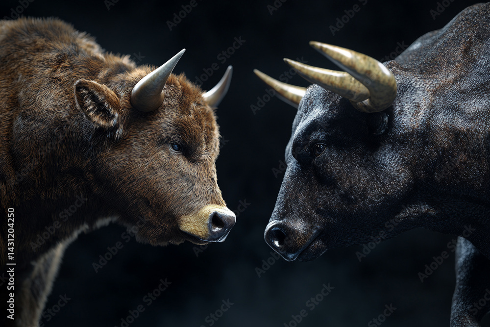Fototapeta premium Two bulls face off in a dark setting a powerful image of opposing forces