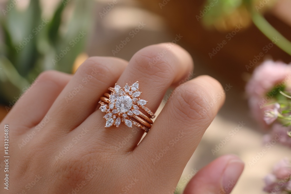 Elegant Rose Gold Ring with Sparkling Diamonds on Hand Elegant Rose Gold Ring with Sparkling Diamonds on Hand