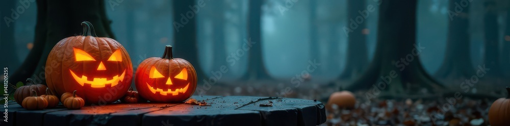 Fototapeta premium Jack-o'-lanterns illuminate a rustic table in a fog-shrouded forest Halloween ambiance , mysterious, still life