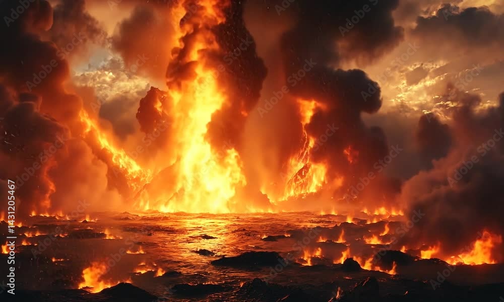 A dramatic volcanic eruption at sunset, with fiery lava flows and dark smoke clouds in the background A dramatic volcanic eruption at sunset, with fiery lava flows and dark smoke clouds in the background