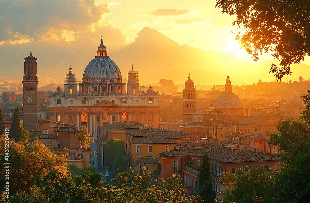 Fototapeta premium Breathtaking sunrise over rome featuring saint peters basilica and the vatican city