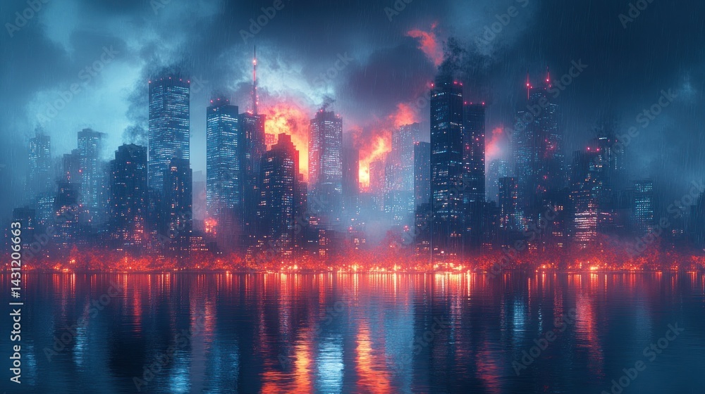 Fototapeta premium Burning city skyline reflected in water