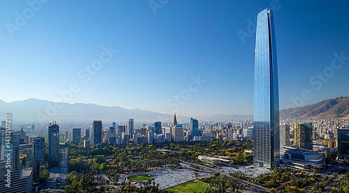 Santiago chile skyline with costanera center tower and urban park view