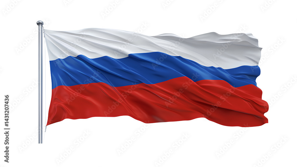 Fototapeta premium Realistic Russian Flag on Pole – White Blue Red Colors of Russia