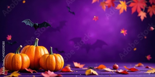 Purple Halloween background Pumpkins, bats, spiders, autumn leaves Copy space , party, autumn, season
