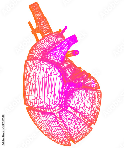 Cardiology of the future. Futuristic low poly human heart composed of glowing lines, triangles, lines isolated on a dark blue background. Modern frame design. Vector illustration