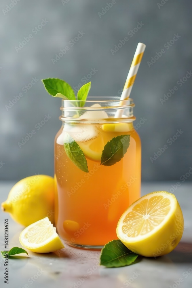 Fototapeta premium Refreshing summer iced tea with bergamot & lemon in glass jar against grey wall , jar, copy space, food photography
