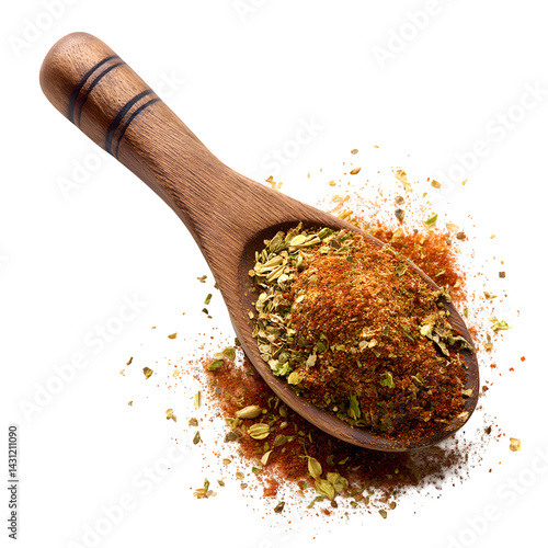 Mexican taco seasoning pile in a wooden spoon, isolated on white, side view --v 7.0
