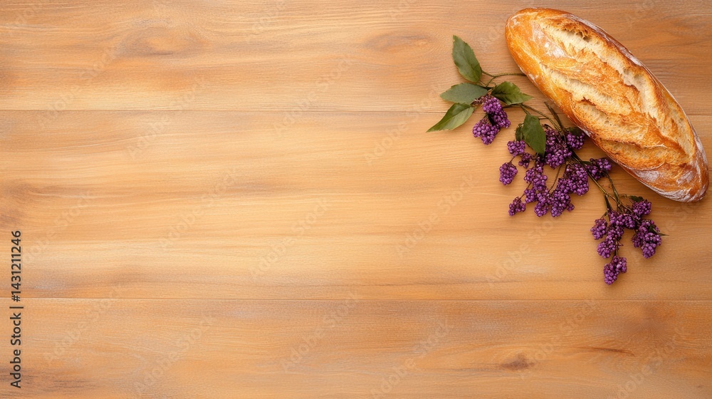 Fototapeta premium Crusty Bread Loaf and Purple Flowers on Wooden Table