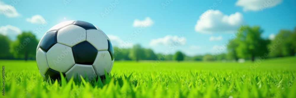 Naklejka premium Aged monochrome football, vibrant green lawn, clear blue sky , black and white, vintage