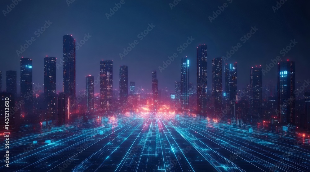 未来都市の夜景 青と赤の光が輝く高層ビル群 デジタル技術とネットワークの抽象的な表現 未来都市の夜景 青と赤の光が輝く高層ビル群 デジタル技術とネットワークの抽象的な表現