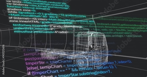 3D wireframe cargo truck floating above perspective grid, displaying code overlays in CAD interface