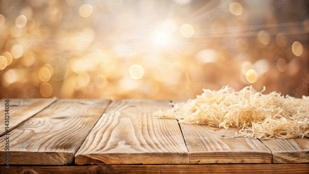Obraz premium Rustic Wooden Tabletop with Soft, Light-Colored Fiber Pile Against a Blurred Golden Background, Ideal for Product Display or Seasonal Designs