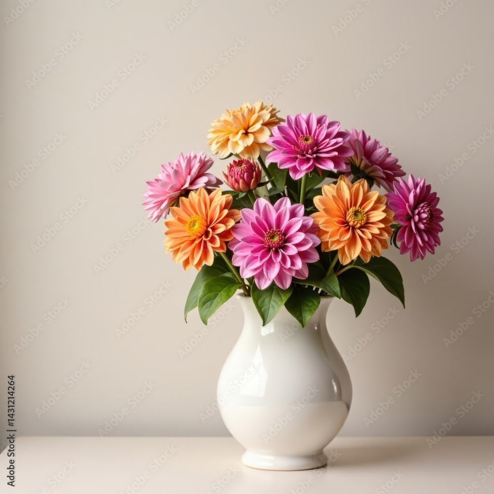 Colorful dahlia blooms in elegant vase, soft wall, yellow, home decor Colorful dahlia blooms in elegant vase, soft wall, yellow, home decor