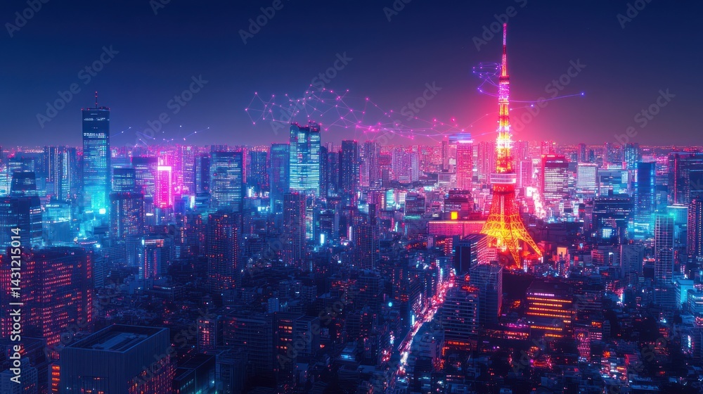 Fototapeta premium Tokyo cityscape at night, digital network connections, futuristic background, technology concept