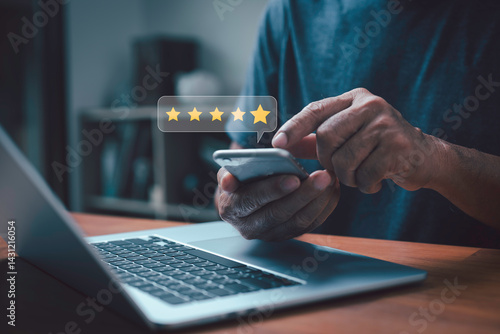 man give five star rating to service experience on online application Customer review satisfaction feedback survey  Customer can evaluate quality of service leading to reputation ranking