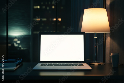 Wallpaper Mural Laptop on desk at night illuminated by lamp city view Torontodigital.ca