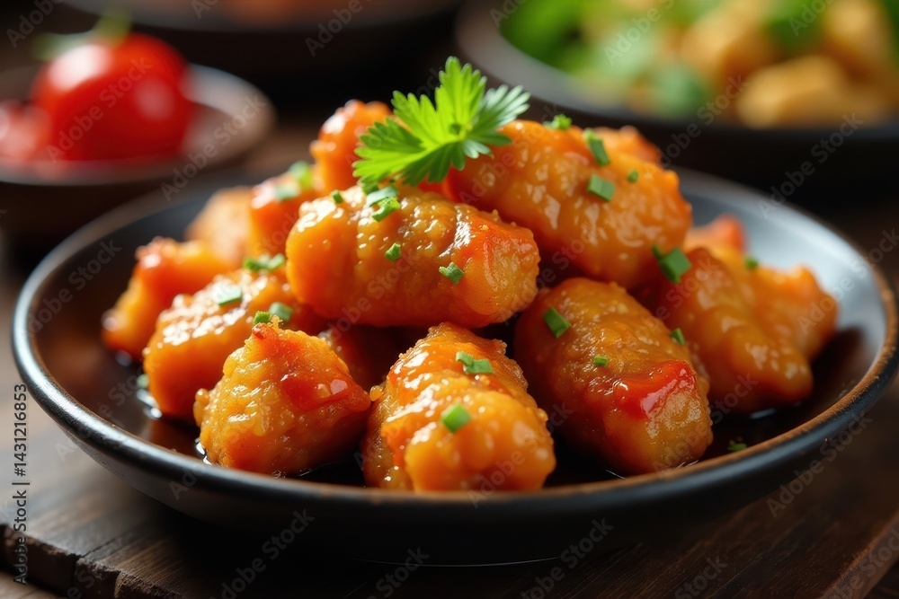 Deep-fried pork chunks in vibrant sweet & sour glaze , still life, brown, appetizer Deep-fried pork chunks in vibrant sweet & sour glaze , still life, brown, appetizer
