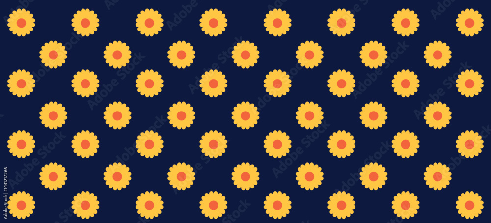 A decorative seamless pattern featuring neat rows of yellow sunflowers contrasted against a black background. Perfect for modern designs, artistic inspirations, and creating vibrant backgrounds.