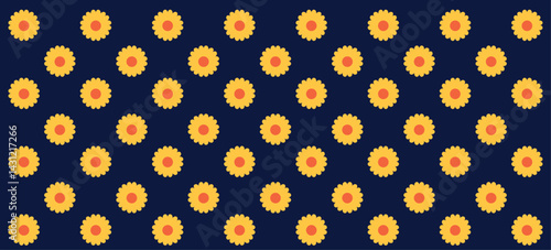 A decorative seamless pattern featuring neat rows of yellow sunflowers contrasted against a black background. Perfect for modern designs, artistic inspirations, and creating vibrant backgrounds.
