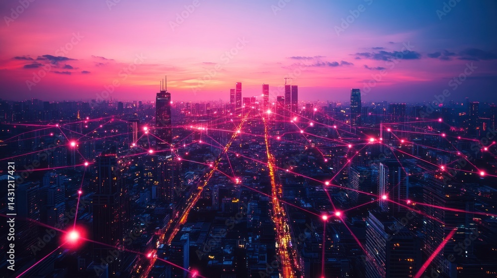 Fototapeta premium Sunset Cityscape: Networked Metropolis at Dusk