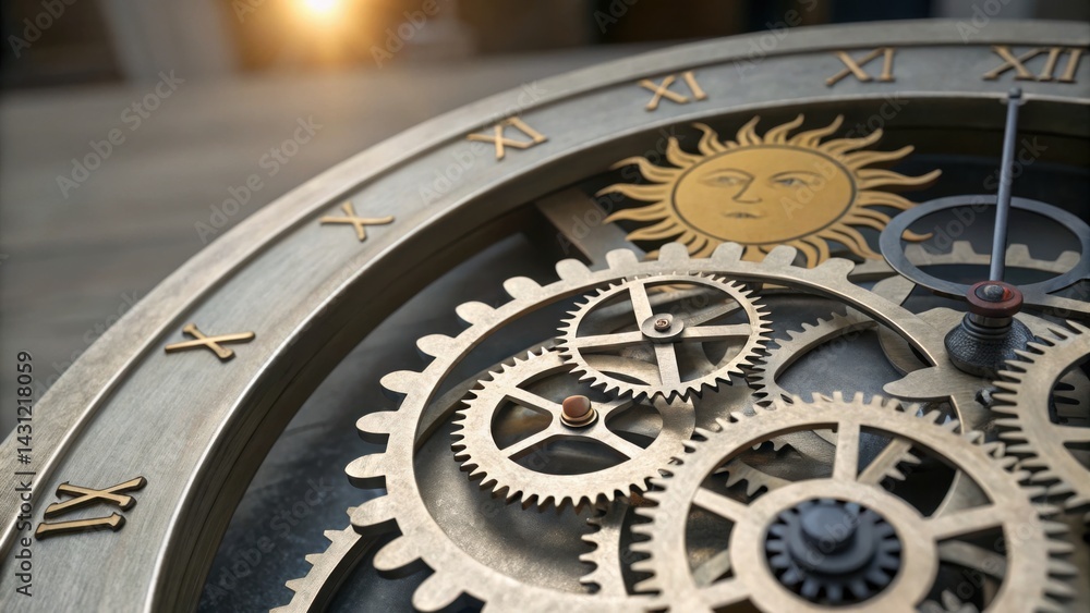 Obraz premium A close-up of a vintage clock mechanism featuring intricate gears and a sun motif, highlighting the craftsmanship and complexity of timekeeping.