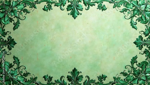 Elegant emerald green damask pattern on aged paper, background, shabby chic, vintage texture