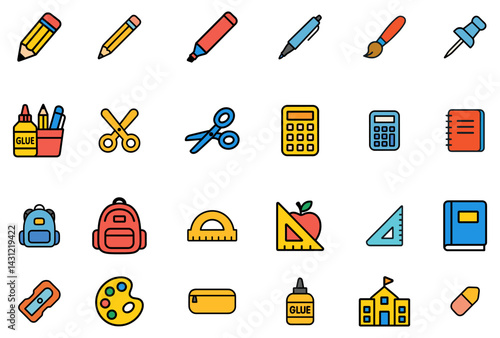 Collection of playful school icons depicting various supplies and elements of academic learning