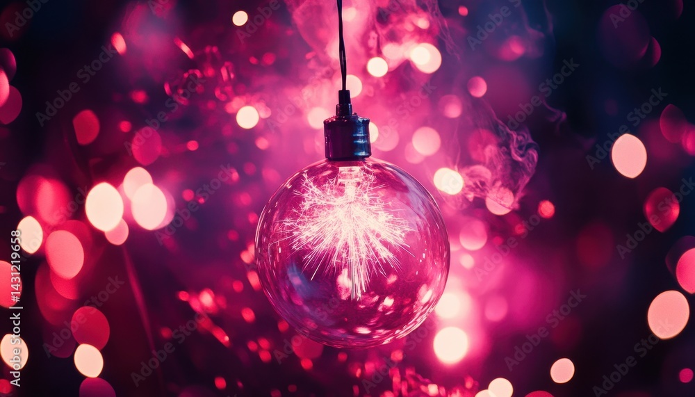 Fototapeta premium A glowing, glass orb light bulb suspended amidst a vibrant pink and purple bokeh background. Intricate light trails within the bulb and wispy smoke create an ethereal, festive atmosphere
