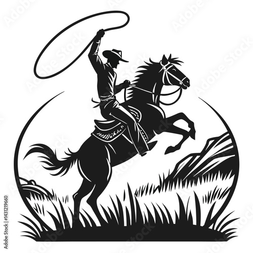 Western cowboy  rodeo silhouette bucking bronco lasso wild horse  action pose dynamic movement