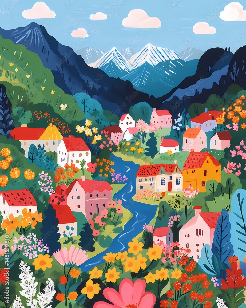 カラフルな町並みと花咲く風景 山と川と家々 緑豊かな自然 美しい風景画 明るい空と雲が広がる夏の情景 カラフルな町並みと花咲く風景 山と川と家々 緑豊かな自然 美しい風景画 明るい空と雲が広がる夏の情景