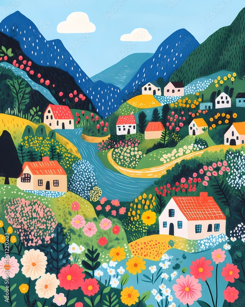 緑豊かな谷間の風景画 川沿いの鮮やかな花咲く家々 太陽光の下のカラフルなイラスト 緑豊かな谷間の風景画 川沿いの鮮やかな花咲く家々 太陽光の下のカラフルなイラスト