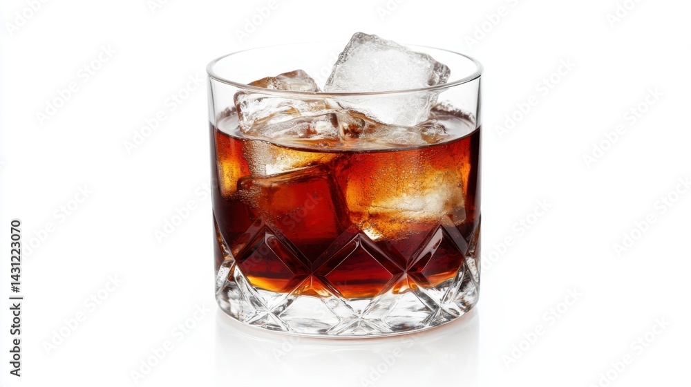 Refreshing dark cocktail with ice cubes in a crystal glass on a white background studio shot close up capturing a sophisticated and elegant mood Refreshing dark cocktail with ice cubes in a crystal glass on a white background studio shot close up capturing a sophisticated and elegant mood
