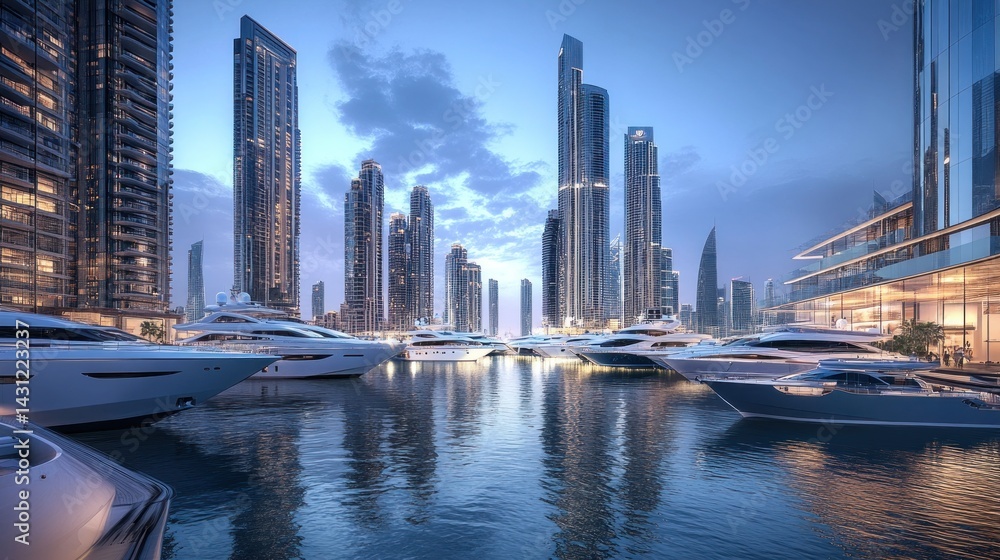 Obraz premium Luxurious marina cityscape at dusk. Modern skyscrapers line a waterfront, showcasing yachts and a vibrant atmosphere