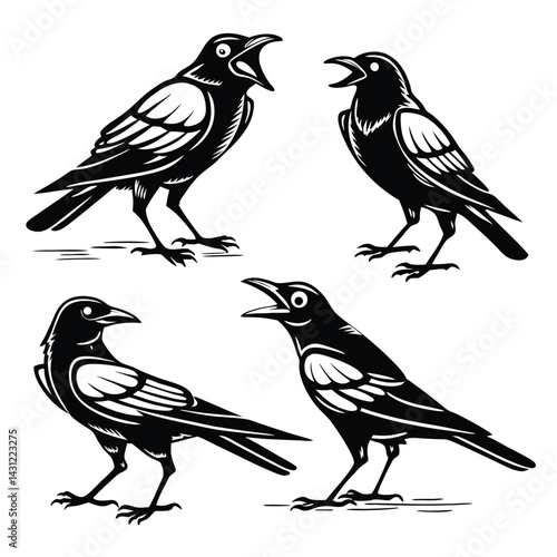 Wallpaper Mural Black and white illustration  corvids crows, ravens, stylized birds  woodcut style graphic design Torontodigital.ca